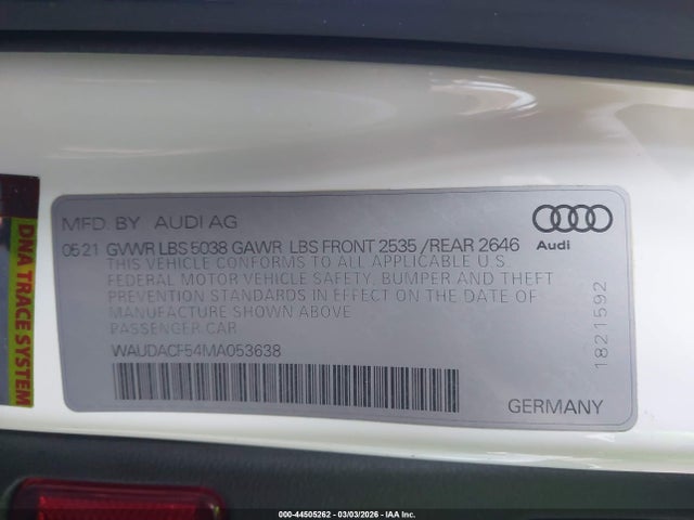 Aukcja sprzedaży 2021 Audi A5 Sportback Premium 45 Tfsi Quattro S Tronic, vin: WAUDACF54MA053638, numer aukcji: 44505262