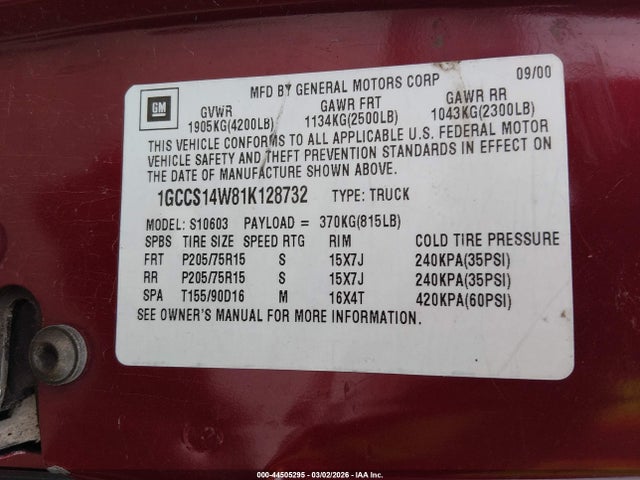 2001 CHEVROLET S-10 1GCCS14W81K128732 Photo 8