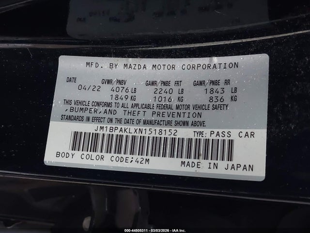 JM1BPAKLXN1518152 Mazda Mazda3 Select