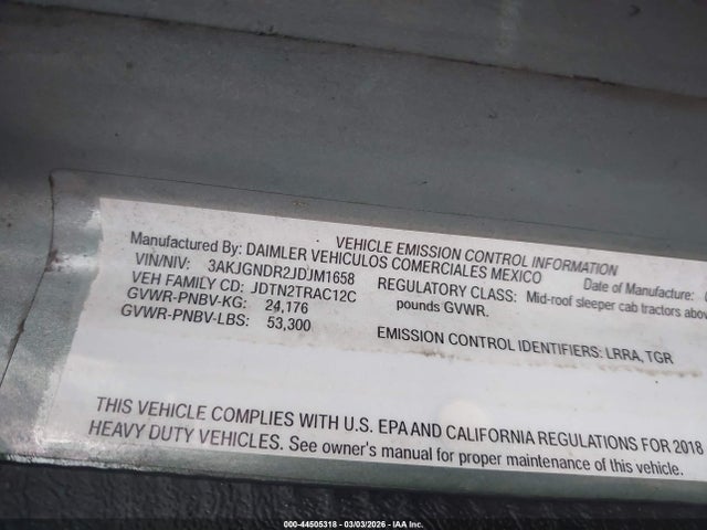Продажа на аукционе авто 2018 Freightliner Sd122, vin: 3AKJGNDR2JDJM1658, номер лота: 44505318