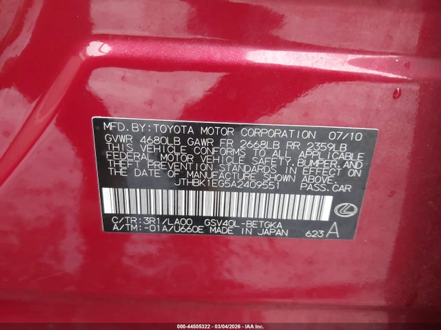 Продажа на аукционе авто 2010 Lexus Es 350, vin: JTHBK1EG5A2409551, номер лота: 44505322