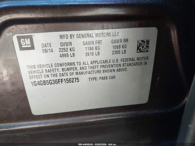 2015 Buick Lacrosse Leather მანქანა იყიდება აუქციონზე, vin: 1G4GB5G36FF156275, აუქციონის ნომერი: 44505343