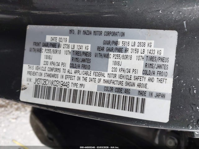 44505346 :رقم المزاد ، JM3TCBCYXK0319448 vin ، 2019 Mazda Cx-9 Touring مزاد بيع