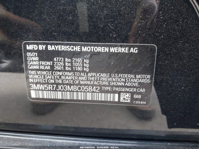 44505348 :رقم المزاد ، 3MW5R7J03M8C05842 vin ، 2021 Bmw 330i Xdrive مزاد بيع