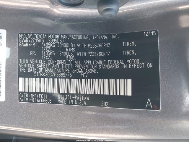 5TDKK3DC7FS689775 Toyota Sienna Le 8 Passenger