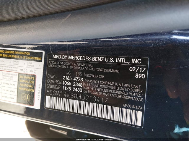 44505366 :رقم المزاد ، 55SWF4KB8HU213417 vin ، 2017 Mercedes-benz C 300 4matic مزاد بيع