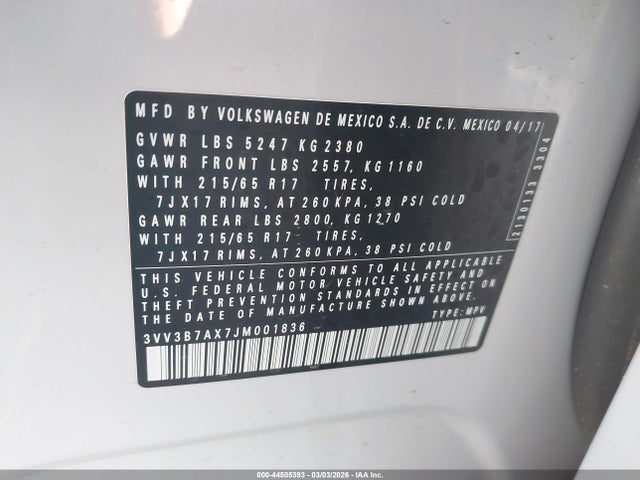 3VV3B7AX7JM001836 Volkswagen Tiguan 2.0t Se/2.0t Sel