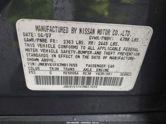 Aukcja sprzedaży 2007 Infiniti G35x, vin: JNKBV61FX7M817655, numer aukcji: 44505400