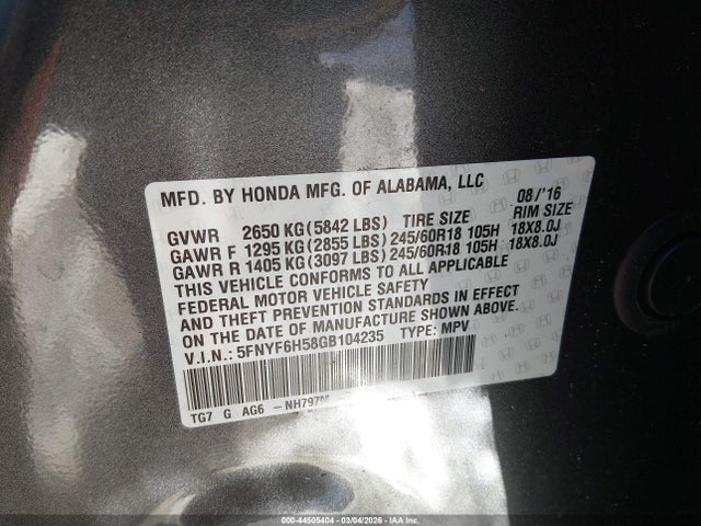 5FNYF6H58GB104235 Honda Pilot Ex-l