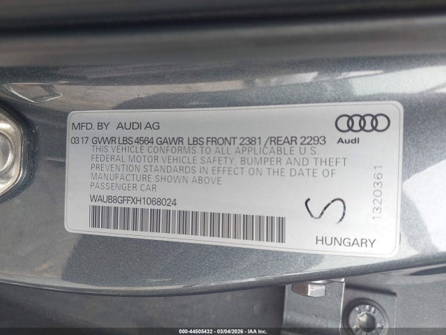 2017 Audi A3 2.0t Premium მანქანა იყიდება აუქციონზე, vin: WAUB8GFFXH1068024, აუქციონის ნომერი: 44505432