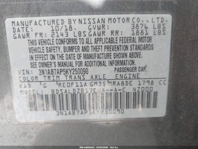 Aukcja sprzedaży 2019 Nissan Sentra Sv, vin: 3N1AB7AP5KY250090, numer aukcji: 44505433