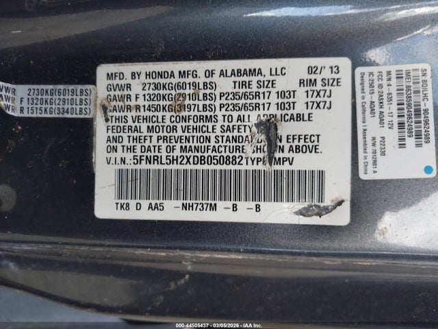 Aukcja sprzedaży 2013 Honda Odyssey Lx, vin: 5FNRL5H2XDB050882, numer aukcji: 44505437