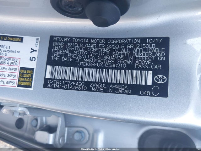 JTDKBRFUXH3580210 Toyota Prius Two