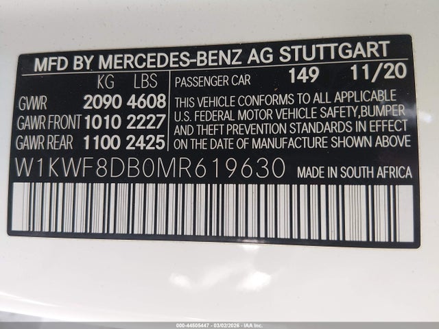 Aukcja sprzedaży 2021 Mercedes-benz C 300 Sedan, vin: W1KWF8DB0MR619630, numer aukcji: 44505447