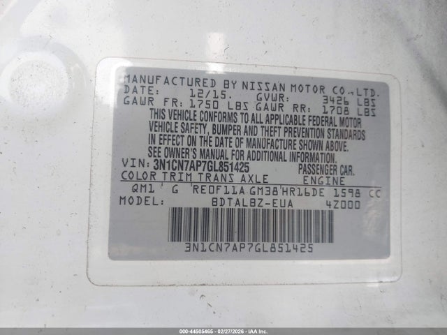 3N1CN7AP7GL851425 Nissan Versa 1.6 S/1.6 S+/1.6 Sl/1.6 Sv