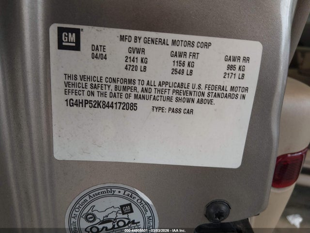 44505501 :رقم المزاد ، 1G4HP52K844172085 vin ، 2004 Buick Lesabre Custom مزاد بيع
