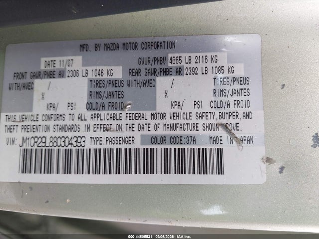 Aukcja sprzedaży 2008 Mazda Mazda5 Touring, vin: JM1CR29L880304393, numer aukcji: 44505531