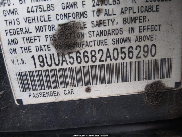 2002 Acura Tl 3.2 მანქანა იყიდება აუქციონზე, vin: 19UUA56682A056290, აუქციონის ნომერი: 44505543