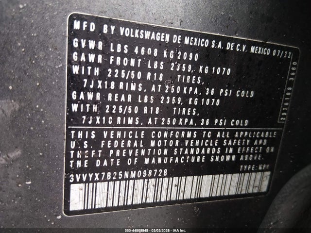 44505549 :رقم المزاد ، 3VVYX7B25NM098728 vin ، 2022 Volkswagen Taos 1.5t Se مزاد بيع
