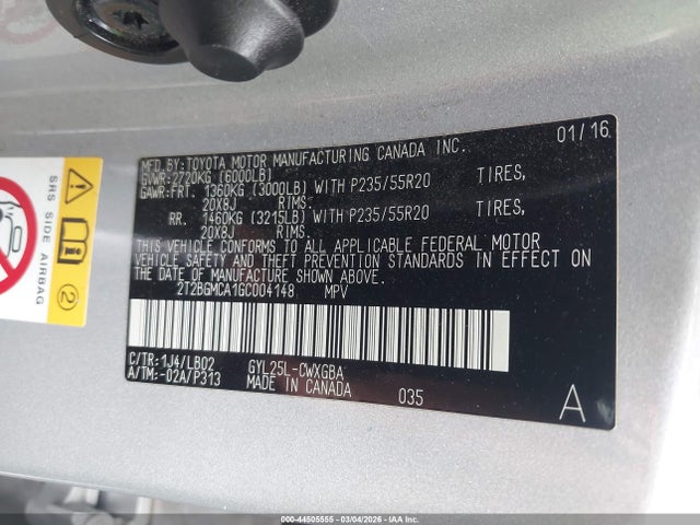 44505555 :رقم المزاد ، 2T2BGMCA1GC004148 vin ، 2016 Lexus Rx 450h مزاد بيع
