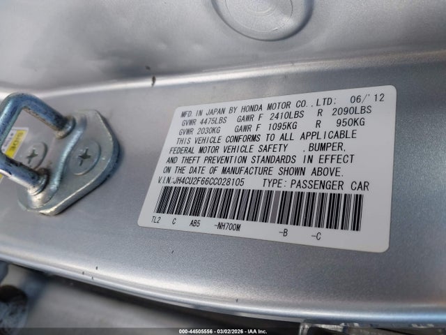 44505556 :رقم المزاد ، JH4CU2F66CC028105 vin ، 2012 Acura Tsx 2.4 مزاد بيع