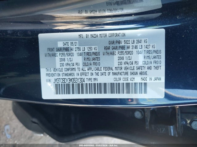 2021 Mazda Cx-9 Grand Touring მანქანა იყიდება აუქციონზე, vin: JM3TCBDY3M0531304, აუქციონის ნომერი: 44505568