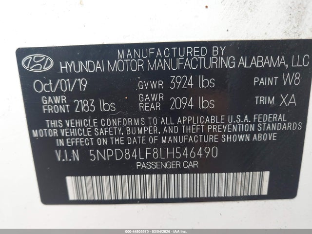 44505570 :رقم المزاد ، 5NPD84LF8LH546490 vin ، 2020 Hyundai Elantra Value Edition مزاد بيع