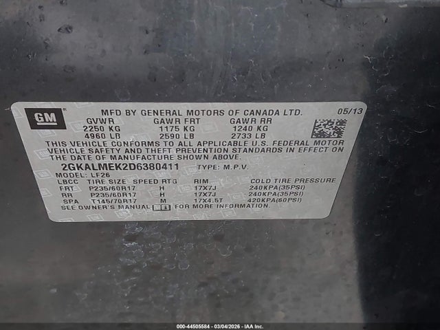 44505584 :رقم المزاد ، 2GKALMEK2D6380411 vin ، 2013 Gmc Terrain Sle-1 مزاد بيع