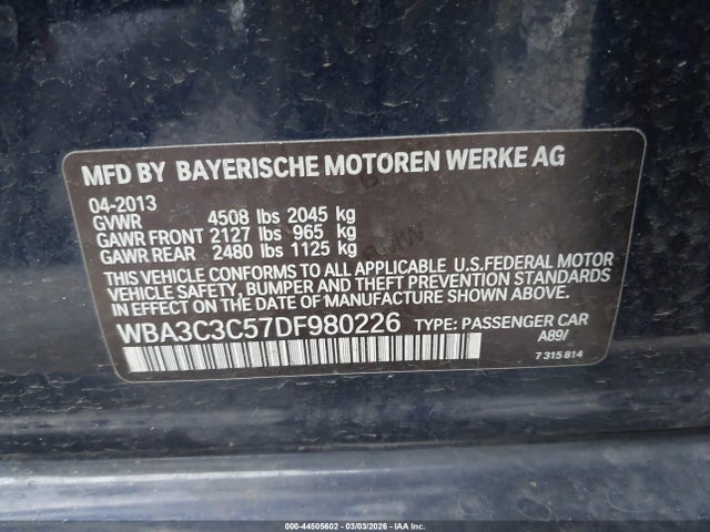 2013 Bmw 320i Xdrive მანქანა იყიდება აუქციონზე, vin: WBA3C3C57DF980226, აუქციონის ნომერი: 44505602