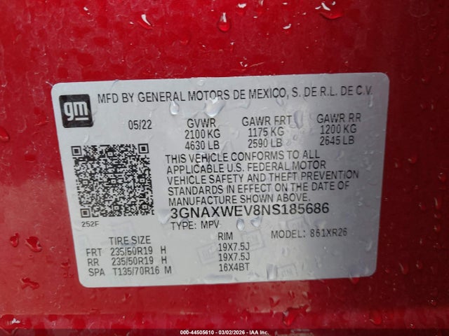 3GNAXWEV8NS185686 Chevrolet Equinox Awd Rs