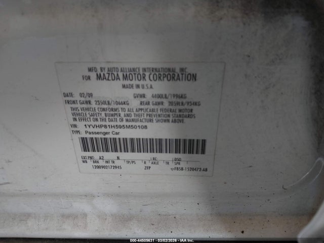 44505631 :رقم المزاد ، 1YVHP81H595M50108 vin ، 2009 Mazda Mazda6 I Sport مزاد بيع