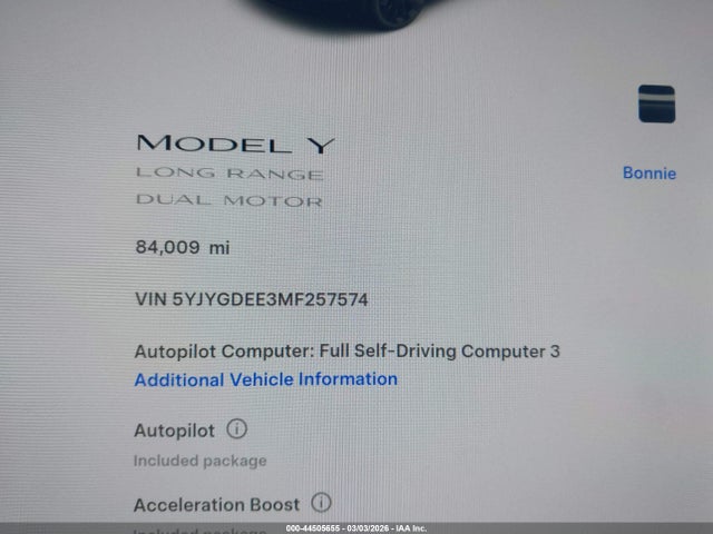 44505655 :رقم المزاد ، 5YJYGDEE3MF257574 vin ، 2021 Tesla Model Y Long Range Dual Motor All-wheel Drive مزاد بيع