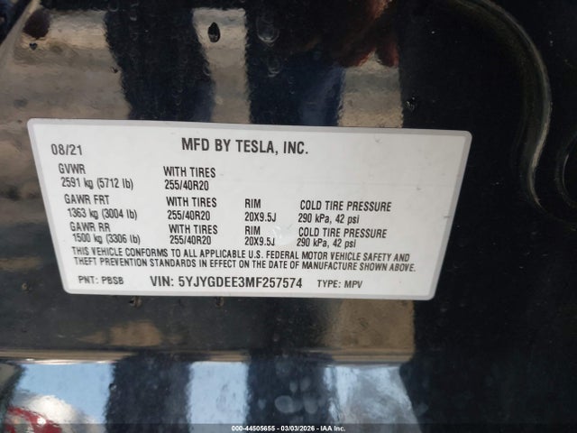 44505655 :رقم المزاد ، 5YJYGDEE3MF257574 vin ، 2021 Tesla Model Y Long Range Dual Motor All-wheel Drive مزاد بيع