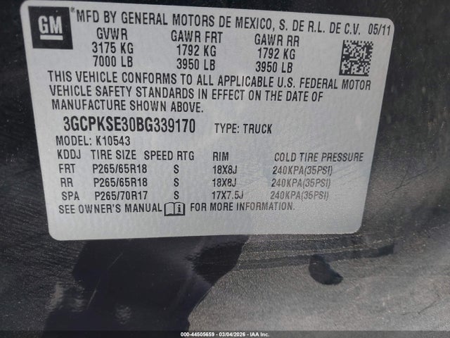 44505659 :رقم المزاد ، 3GCPKSE30BG339170 vin ، 2011 Chevrolet Silverado 1500 Lt مزاد بيع