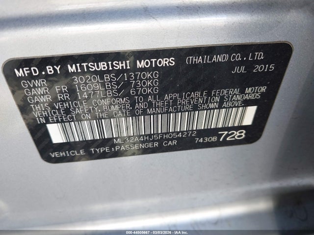 Продаж на аукціоні авто 2015 Mitsubishi Mirage Es, vin: ML32A4HJ5FH054272, номер лоту: 44505667