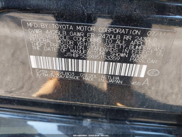 44505668 :رقم المزاد ، JTHBF5C2XB5153359 vin ، 2011 Lexus Is 250 مزاد بيع