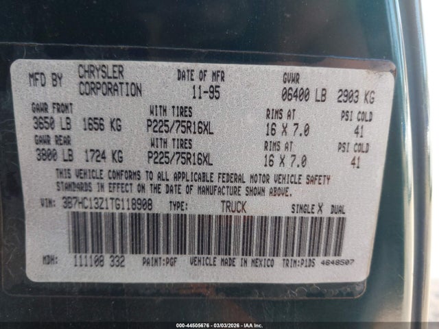 44505676 :رقم المزاد ، 3B7HC13Z1TG118908 vin ، 1996 Dodge Ram 1500 مزاد بيع