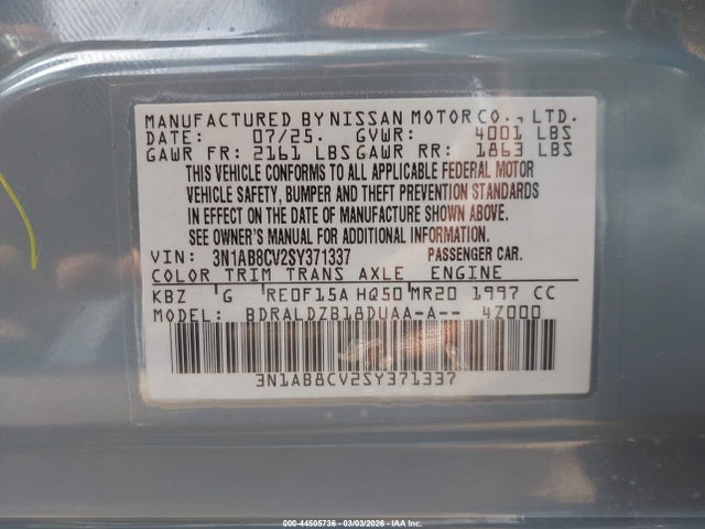 2025 Nissan Sentra Sv მანქანა იყიდება აუქციონზე, vin: 3N1AB8CV2SY371337, აუქციონის ნომერი: 44505736