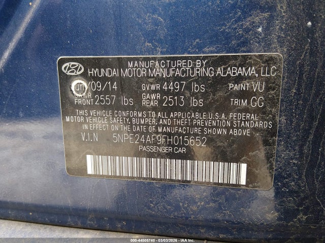 Hyundai SONATA SE 2015 5NPE24AF9FH015652 Image 9