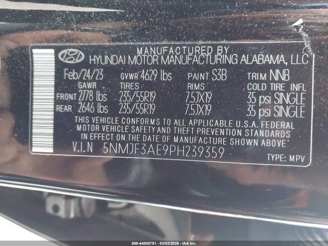 5NMJF3AE9PH239359 Hyundai TUCSON SEL
