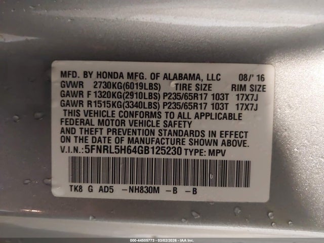 Продажа на аукционе авто 2016 Honda Odyssey Ex-l, vin: 5FNRL5H64GB125230, номер лота: 44505773