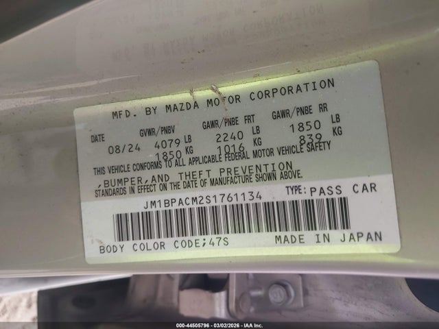 44505796 :رقم المزاد ، JM1BPACM2S1761134 vin ، 2025 Mazda Mazda3 2.5 S Preferred مزاد بيع