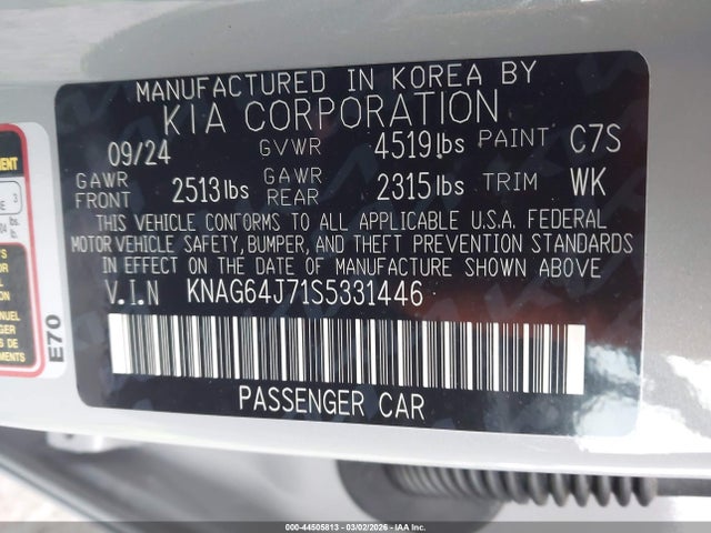 Продаж на аукціоні авто 2025 Kia K5 Gt-line, vin: KNAG64J71S5331446, номер лоту: 44505813