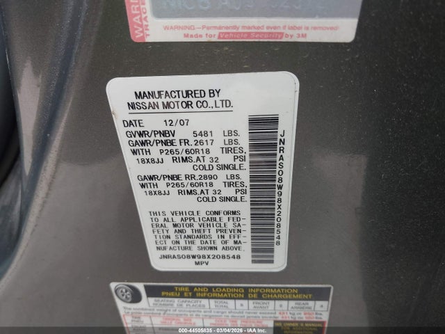 Продажа на аукционе авто 2008 Infiniti Fx35, vin: JNRAS08W98X208548, номер лота: 44505835
