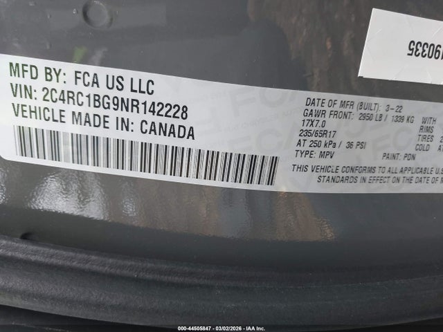 Продажа на аукционе авто 2022 Chrysler Pacifica Touring L, vin: 2C4RC1BG9NR142228, номер лота: 44505847