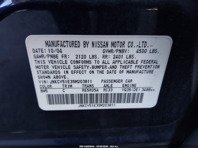 44505848 :رقم المزاد ، JNKCV51E35M203811 vin ، 2005 Infiniti G35 مزاد بيع