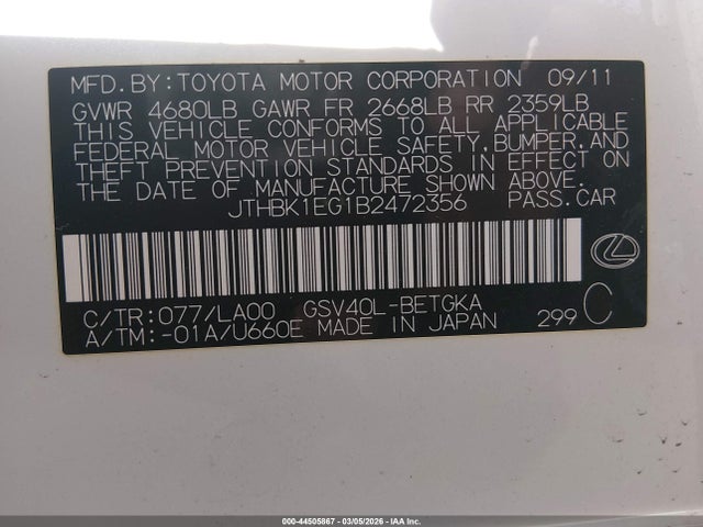 Продажа на аукционе авто 2011 Lexus Es 350, vin: JTHBK1EG1B2472356, номер лота: 44505867
