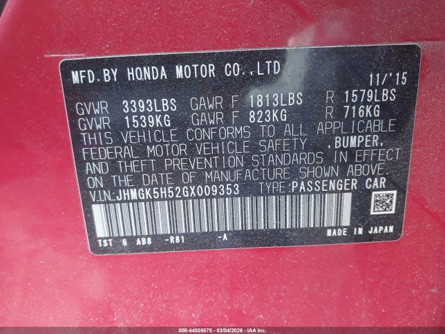 JHMGK5H52GX009353 Honda FIT LX