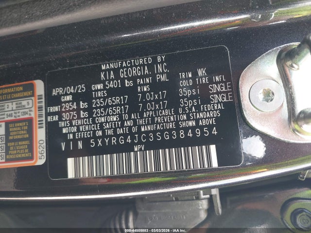 Aukcja sprzedaży 2025 Kia Sorento Lx, vin: 5XYRG4JC3SG384954, numer aukcji: 44505883