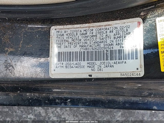 Aukcja sprzedaży 2002 Lexus Is 300, vin: JTHBD192620050524, numer aukcji: 44505885